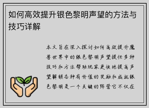 如何高效提升银色黎明声望的方法与技巧详解